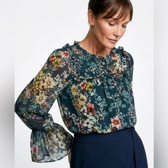 Anthropologie Navy Floral Ruffle Yoke Blouse - Picture 3 of 4